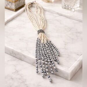 Haitian & White Genuine Pearl long Tassel Necklace 925 Sterling Silver Clasp